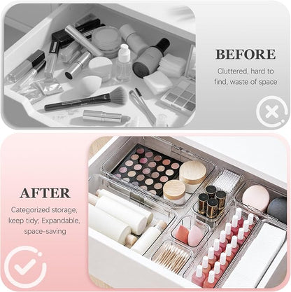 DILIBRA 16 Pcs Clear Extendable Drawer Organizer, 3-Size Adjustable | Plastic Non-Slip Storage Bins, For Makeup Cosmetic Jewelries, For Utensils Stationery, For Dressers Tool, Desk Drawer Storage