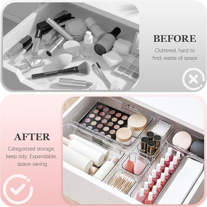 DILIBRA 20 Pcs Clear Extendable Drawer Organizer, Adjustable Drawer Storage 3-Size Desk Drawer Organizer, Plastic Non-Slip Storage Bins for Makeup Cosmetic Jewelries Utensils Stationery Dressers Tool