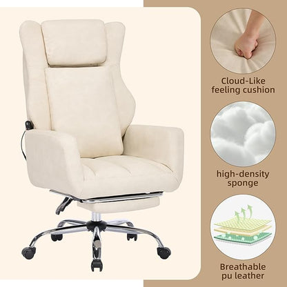 DYHOME Executive Office Chair Cross Legged Sitting with Massage and Footrest Heavy Duty Desk Chair,Swivel Ergonomic Chairs with Lumbar Support Wheels Flip-up Arms Height,Leather Beige