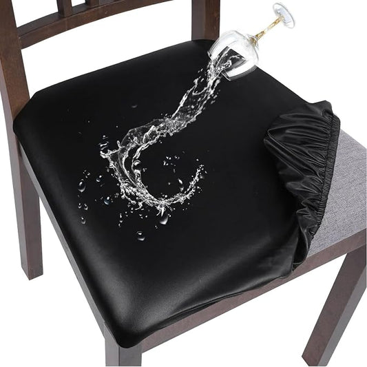 SearchI Waterproof PU Leather Seat Covers for Dining Chairs, 2 Pack Stretch Dining Room Chair Seat Covers, Kitchen Chair Seat Covers Protectors (Black)