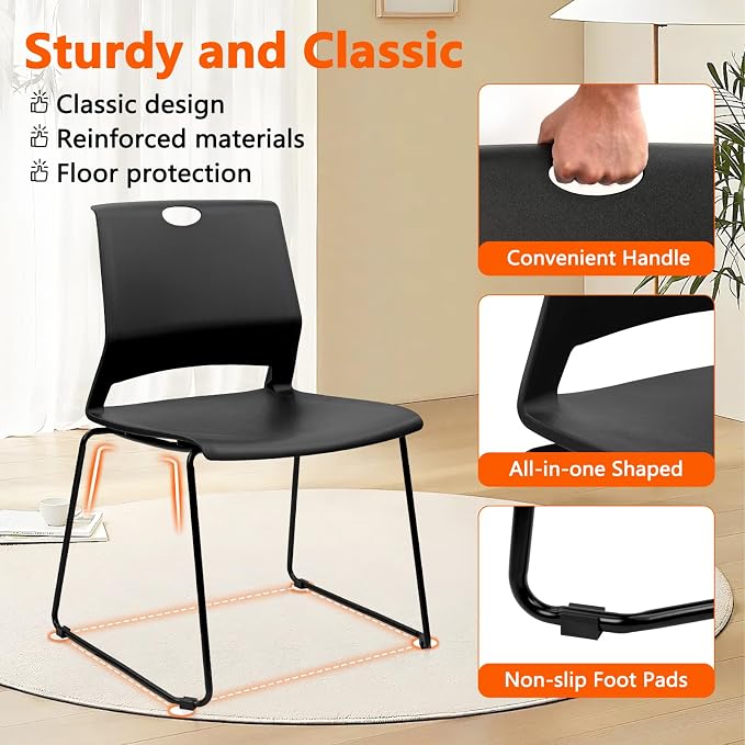 KLASIKA Stackable Guest Reception Chairs, Stacking Office Chair with Ergonomic Lumbar Support & Metal Legs, Plastic Desk Chairs for Conference School Church Waiting Meeting Break Room Set of 4, Black