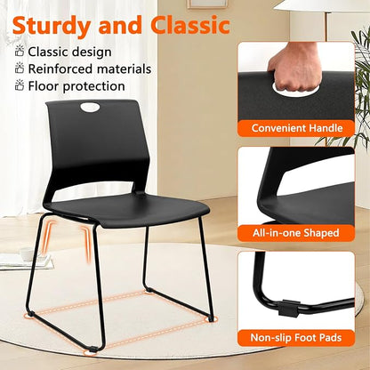 KLASIKA Stackable Guest Reception Chairs, Stacking Office Chair with Ergonomic Lumbar Support & Metal Legs, Plastic Desk Chairs for Conference School Church Waiting Meeting Break Room Set of 4, Black