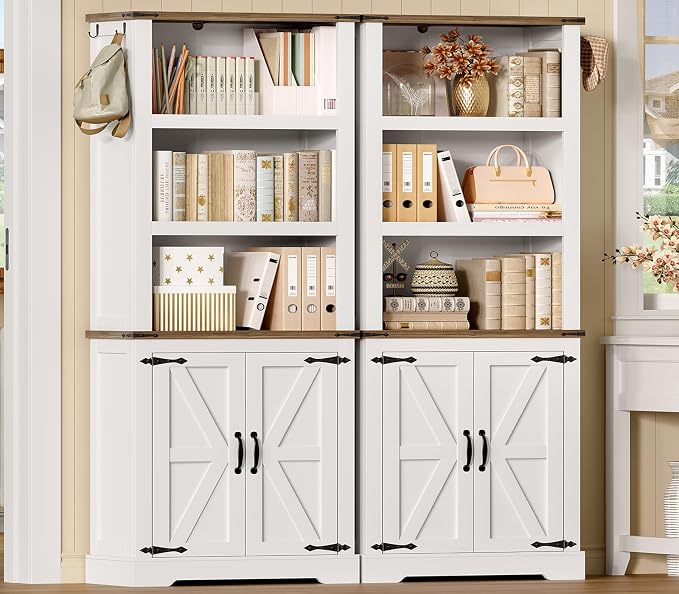 TEENFON 70.9in Tall Storage Cabinet with Adjustable Shelves, Kitchen Pantry Cabinet with 2 Barn Doors, 5 Tiers Farmhouse Bookcase for Living Room, Kitchen, Home Office, Bedroom, White