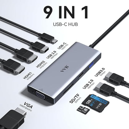 Docking Station 3 Monitors USB C Docking Station Dual Monitor HDMI Adapter for Dell HP Laptop,USB C Hub Multiple Adapter Dongle with 2 HDMI 4K+VGA+100W PD Charger+3 USB Port+SD/TF Card Reader