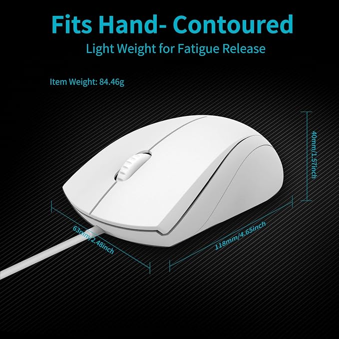 Rapoo N1600 3-Button Quiet Wired Mouse, 1000DPI Optical Mouse, Quiet Button, Ergonomic Shape, for Desktop Computers Laptops, Matte White