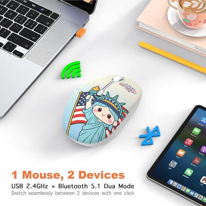 FMOUSE 250th Independence Day Wireless Mouse, Cute Patriotic Liberty Statue, Silent, 2.4G & Bluetooth, 4th of July Gift for Kids Teen Girls Students, AA Battery, Laptop MacBook iPad PC Chromebook