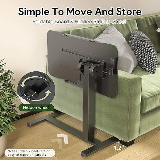 Mobile Standing Desk Adjustable Overbed Table, Pneumatic Height Adjustable Rolling Laptop Desk with Hidden Wheels, 0-180°Tilt Top Rolling Computer Cart Foldable for Home Office, Craft & Study, Black
