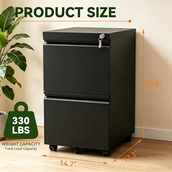 SAWJEC 2 Drawer File Cabinet with Lock, Fully Assembled Rolling Metal Filing Cabinet for Home Office, Fits Letter/Legal/A4, Black, 17" D x 15" W x 26" H