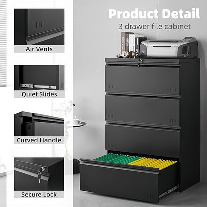 Approgreent Lateral 4 Drawer File Cabient with Lock, Metal Filing Cabinets for Home Office, Heavty Duty Office Storage Cabinet for A4/Letter/Legal (Matte Black)