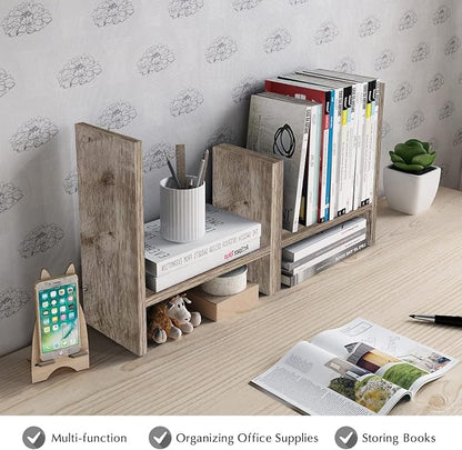Jerry & Maggie Desktop Organizer Office Storage Rack Adjustable Wood Display Shelf Free Style Double H, Multi-Functional Mini Bookshelf for Desk Natural Stand (Gray Oak)