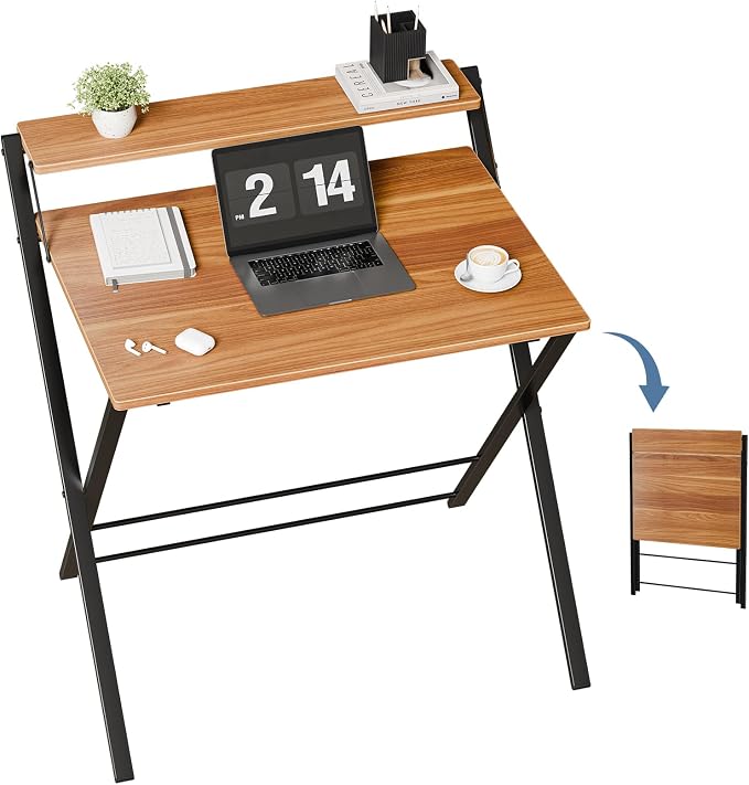 DUMOS Small Folding Desk with Shelf, No-Assembly Foldable Computer Desk for Tight Spaces, Portable Table for Bedroom, Home Office, Dorm or Apartment, Brown