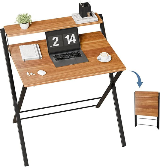 DUMOS Small Folding Desk with Shelf, No-Assembly Foldable Computer Desk for Tight Spaces, Portable Table for Bedroom, Home Office, Dorm or Apartment, Brown