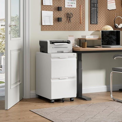 2 Drawer Mobile File Cabinet with Lock, Metal Filing Cabinet, Under Desk Rolling Small Filing Cabinet with Wheels for Home Office Storage, Fits Legal/A4/Letter/Document Size, Required Assembly, White