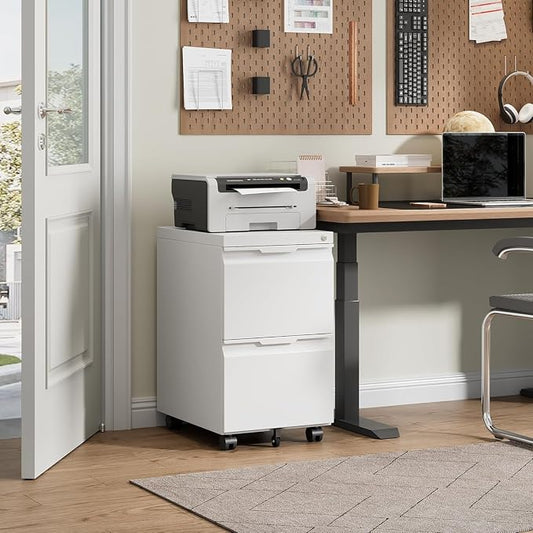 2 Drawer Mobile File Cabinet with Lock, Metal Filing Cabinet, Under Desk Rolling Small Filing Cabinet with Wheels for Home Office Storage, Fits Legal/A4/Letter/Document Size, Required Assembly, White