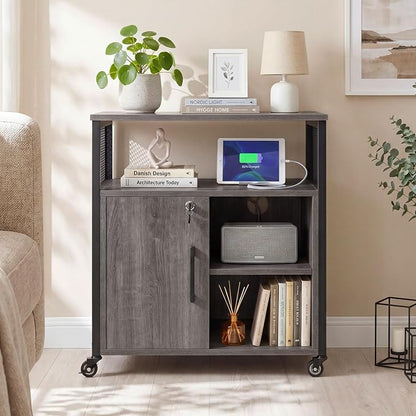 Giantex File Cabinet, Lateral Filing Cabinet with Lock, Wheels, Charging Station, Cable Hole, Lockable Side Cabinet, Adjustable Shelves, Metal Frame, Printer Stand for Home Office Small Space (Grey)