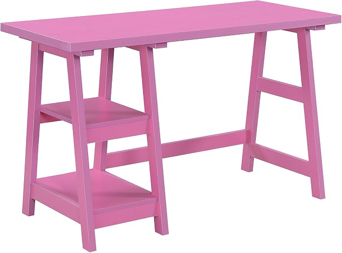 Convenience Concepts Designs2Go Trestle Desk 47" - Modern Desk or Vanity with Shelves, for Office, Dorm, Living Room, Pink