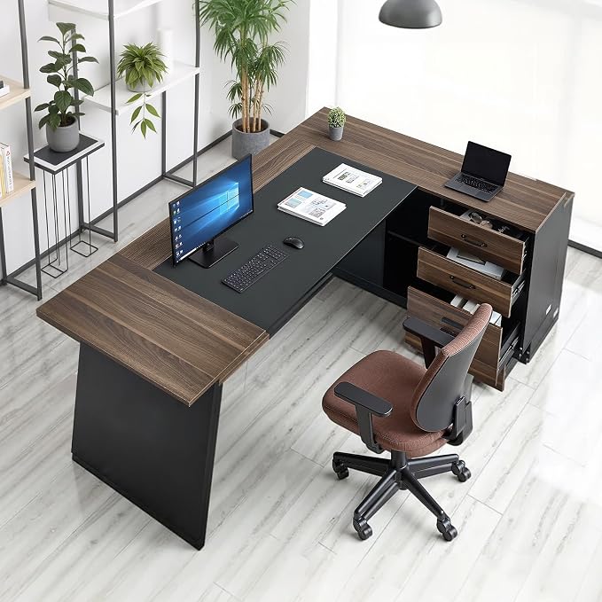 VEVOR L-Shaped Executive Desk, Large Modern Office Table with Drawers and Storage Cabinet, Heavy Duty Wooden Executive Table, 350 LBS Load Capacity, Easy Assembly, for Work Study Writing, Brown+Black