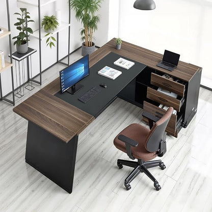VEVOR L-Shaped Executive Desk, Large Modern Office Table with Drawers and Storage Cabinet, Heavy Duty Wooden Executive Table, 350 LBS Load Capacity, Easy Assembly, for Work Study Writing, Brown+Black
