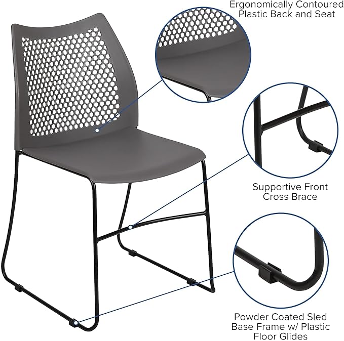 Flash Furniture Hercules Series Contoured Lobby Chairs with Air-Vent Honeycomb Backs, Ergonomic Stacking Chairs for Offices, Set of 5, Gray