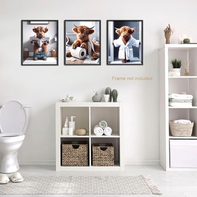 Funny Bathroom Highland Cow Wall Art, Brown Cute Cow Animal Canvas Posters Prints Wall Decor Set of 3, Vintage Rustic Farmhouse Home Painting Pictures for Kids Room Restroom 12x16 Inch Unframed