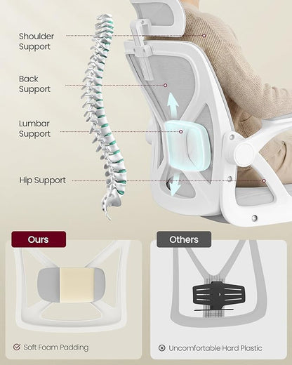 VASAGLE Ergonomic Mesh Office Chairs with Adjustable Lumbar Support and Headrest, 90-105° Tilt Function, Wide Seat, Flip‑Up Armrests, Computer Desk Chairs for Home Office, Set of 2, Dove Gray
