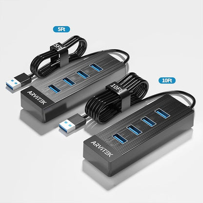 10Ft 4-Port USB 3.0 Hub Long Cable for PC, USB Extender Hub 5Gbps, USB Multiport Adapter, USB Splitter w/Long Cable for Desktop, Laptop, Flash Drive, Mobile HDD, USB Fan (10 Foot / 3m)