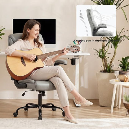 DUMOS Office Chair Set of 2 - Ergonomic Executive Computer Desk Chairs with Adjustable Flip-up Armrest, Swivel Task Chair with Lumbar Support, Strong Metal Base, PU Leather, Grey