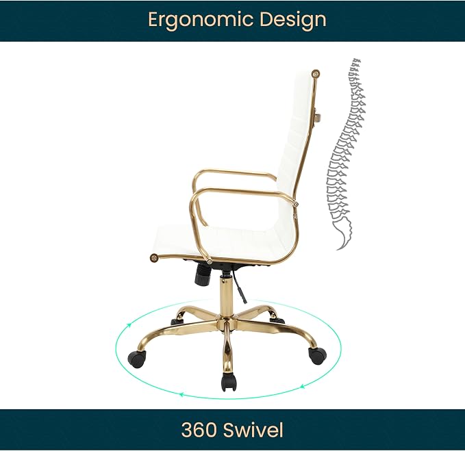 LeisureMod Harris High-Back Task Office Chair - Modern Leather Upholstery with Gold Frame, Ribbed Design 360 Degree Adjustable Swivel for Home, Office, and Study Room
