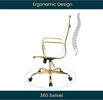 LeisureMod Harris High-Back Task Office Chair - Modern Leather Upholstery with Gold Frame, Ribbed Design 360 Degree Adjustable Swivel for Home, Office, and Study Room