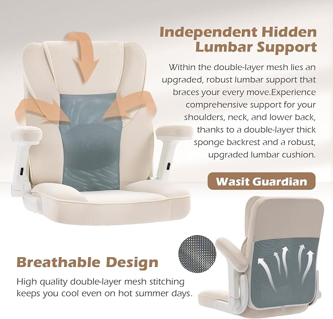 SEATZONE Home Office Desk Chairs with Wheels and Armrests,Office Chair Comfortable Ergonomic Mesh with Teddy Fleece Fabric Executive Computer Chairs for Adults and Teens,Beige