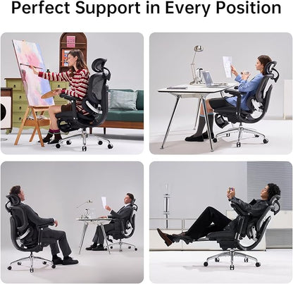 SIHOO Doro C300 Pro V2 Ergonomic Office Chair with Footrest & Full-Body Adaptive Support, 8D Armrests & Breathable Mesh, Comfy High Back Computer Desk Chair for Long Hours, 135° Recline (Jet Black)