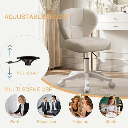 Small Office Chair with Lumbar Support, PU Leather Armless Swivel Desk Chair Adjustable Height, Compact Rolling Chair for Home Office, Bedroom, Study （White Set of 2）