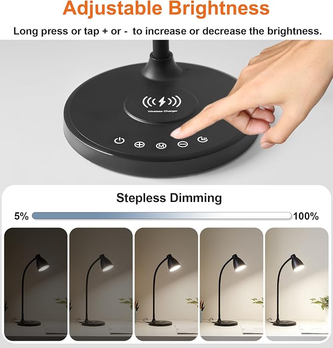 BOHON Desk Lamp for Home Office with USB C+A Charging Ports Timer Black | LED Desk Light with Wireless Charger 5 Colors Stepless Dimming Reading Light Touch Bedside Table Lamp for College Dorm Room