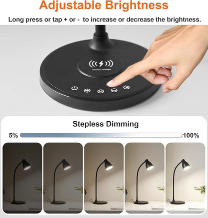 BOHON Desk Lamp for Home Office with USB C+A Charging Ports Timer Black | LED Desk Light with Wireless Charger 5 Colors Stepless Dimming Reading Light Touch Bedside Table Lamp for College Dorm Room