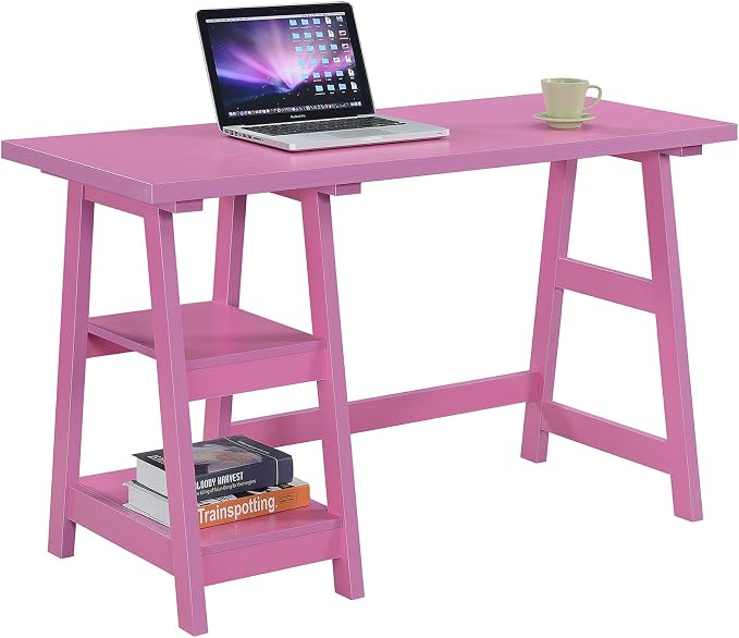 Convenience Concepts Designs2Go Trestle Desk 47" - Modern Desk or Vanity with Shelves, for Office, Dorm, Living Room, Pink