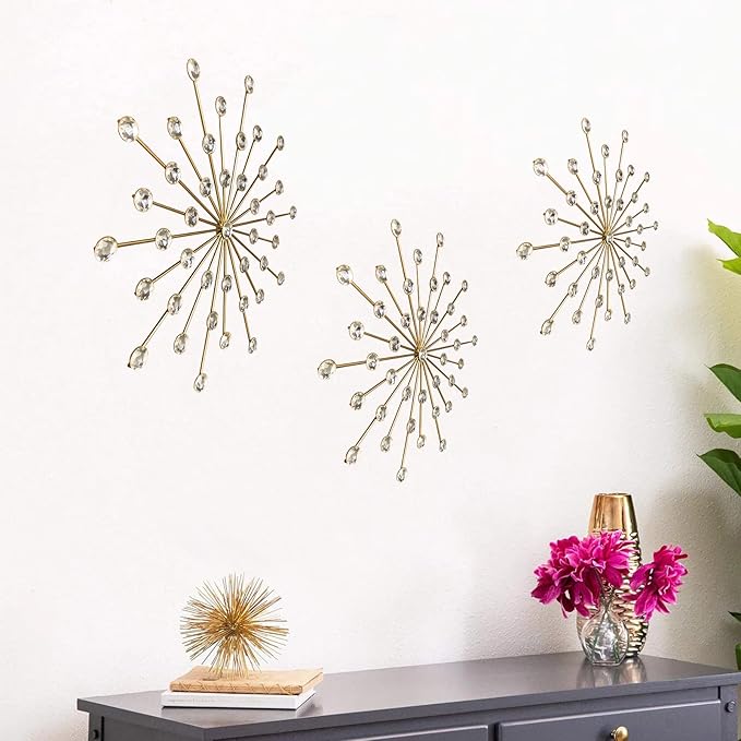 ZEXUIRU 3 Set Gold Starburst Wall Art for Home Decor Metal Bling Crystal Rhinestones Sunburst Wall Decor Sparkling Rhinestone Art Accent Gold - 13in