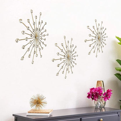 ZEXUIRU 3 Set Gold Starburst Wall Art for Home Decor Metal Bling Crystal Rhinestones Sunburst Wall Decor Sparkling Rhinestone Art Accent Gold - 13in