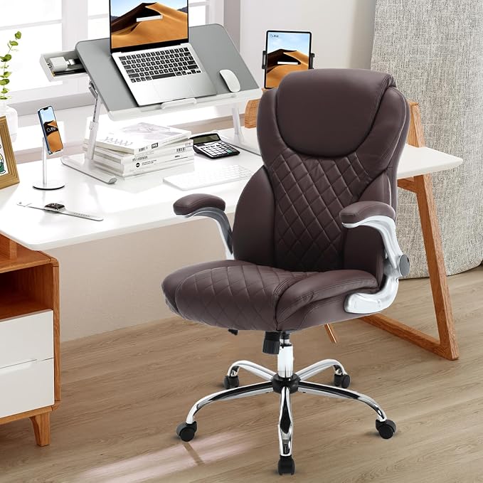 Leather Executive Office Chair, Big and Tall High Back Ergonomic Desk Chairs with Wheels, 90-120° Rocking Managerial Home Computer Chairs with Flip up Arms and Lumbar Support, Dark Brown