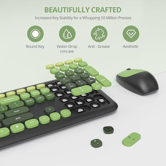 Surmen Dark Green Keyboard and Mouse Wireless Quiet, Full-Size Girly Cute Keyboard Mouse Retro Typewriter Low-Noise 2.4GHz for Computer, Desktop, Laptop (6-Black Green)