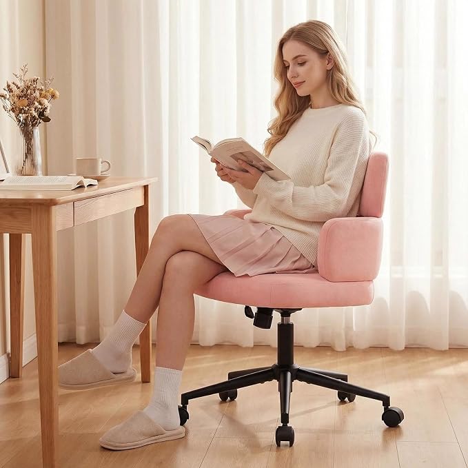 Home Office Chair with Unique Curved Back, Cute Pink Upholstered Wide Seat Desk Chair with Wheels,Swivel Tilt & Height Adjustable, Plush Velvet Fabric Matel Base for Home Office Vanity, Pink