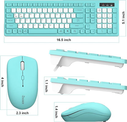 Wireless Keyboard and Mouse Combo, Full-Sized Quiet Wireless Keyboard and Adjustable DPI Mouse, 2.4GHz USB Receiver, Keyboard and Mouse for PC, Windows, Desktop, Laptop (Tiffany Blue and White-B)