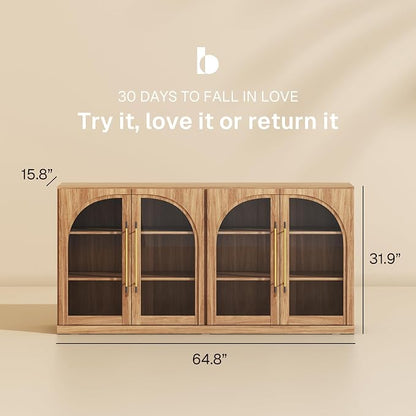 BELLEZE 65" Kitchen Storage Cabinet with Adjustable Shelves,Freestanding Accent Cabinet with Fluted Arched Design & Gold Handles,Modern Credenza for Living Room,Dining Room,Entryway - Camel
