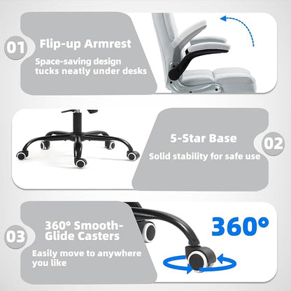 ECOTOUGE Executive Office Chair, Velvet Ergonomic Comfy Desk Chair, High Back Computer Chair with Adjustable Tilt Angle and Flip-up Arms (Grey, Without Footrest)