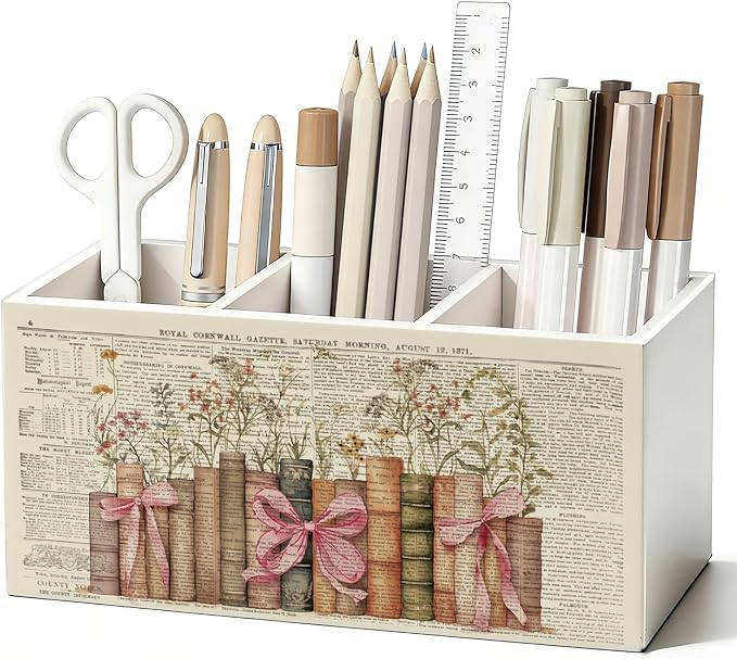 Vintage Pink Bow Book Floral Pen Pencil Holder for Desk, Book Lovers Reader Gifts, Bookish Wooden Box Sign Decorations for Reading Room Classroom Bedroom Desk