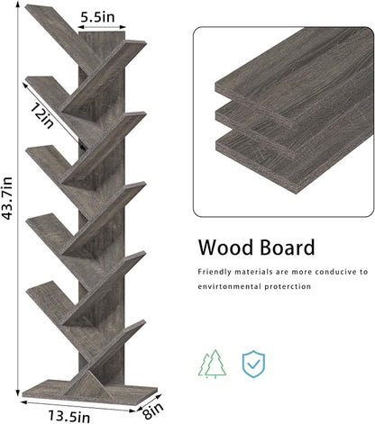 SHEEPAM 10 Tier Tree Book Shelf, Floor Standing Wood Bookshelf for Narrow Space, Storage Organizer Bookshelves for Books/CDs/Magazine, Bookcase with Shelves for Home Office, Living Room - Light Grey