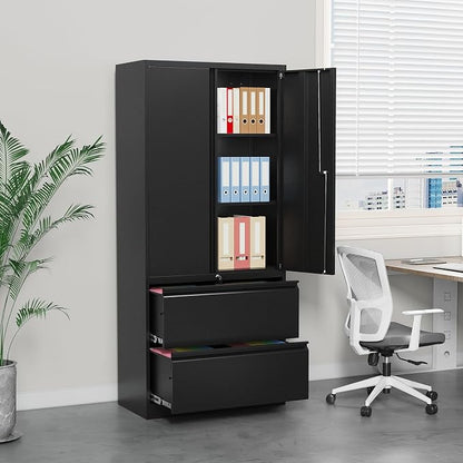 2 Drawer Lateral File Cabinet, Office Storage Cabinet with 2 Wide&Deep Drawers and Locking Doors, Black Metal Cabinet with Adjustable Shelves for Home Office, Fits A4/Letter/Legal Size Folders