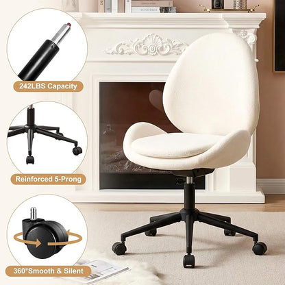 Furniliving Chenille Armless Desk Chair with Wheels, Upholstered Home Office Chair with Double-Layer Cushion, Adjustable Swivel Computer Vanity Chair with Rocking Back, White