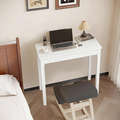 Solid Wood Desk with Drawers - 32 x 16 Inch Simple Narrow Desks, Rubber Wood Study Table, Small Writing Desk for Bedroom|Small Spaces - Modern White Desks