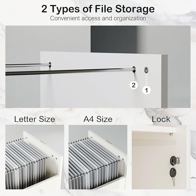 ModernMate 2 Drawer Lateral File Cabinet, 63" Wood Filing Cabinet for Home Office with Lock, Adjustable Storage Shelves, AC/USB, Sliding Door, Wide Office Credenza, Fits Letter/A4 Size, White Rattan