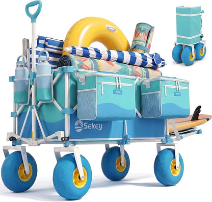 Sekey Heavy Duty Beach Wagon with 9" Big Sand-Proof Wheels, 300L Oversized Foldable Beach Cart with Cooler| Adjustable Handle & Balloon Tires for Sand, Camping,Vacation